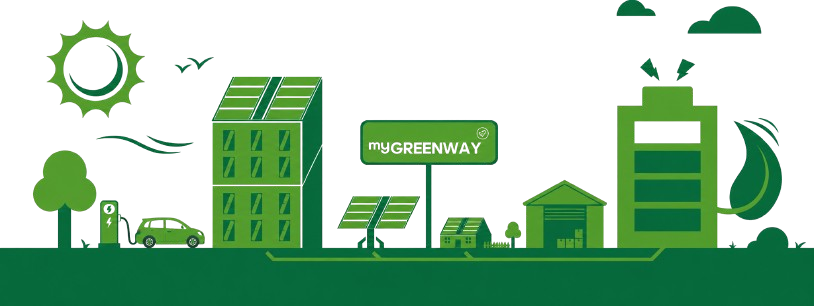 Illustration myGREENWAY : immeubles et maisons équipés de panneaux solaires, borne de recharge, entrepôt et batterie