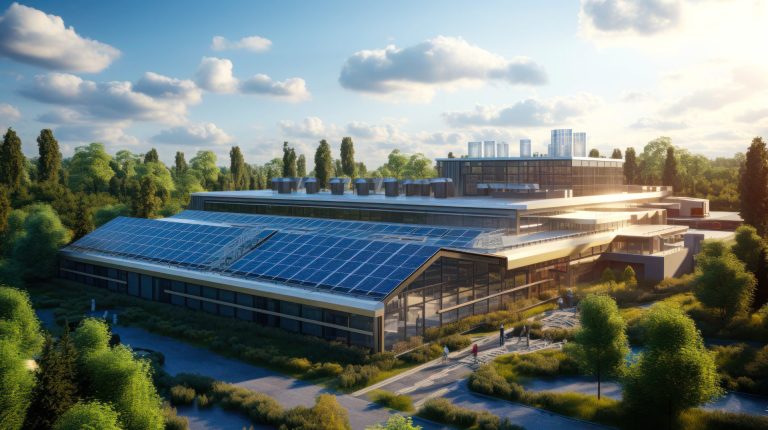 Photo aérienne des toitures d'une usine couvertes de panneaux photovoltaïques